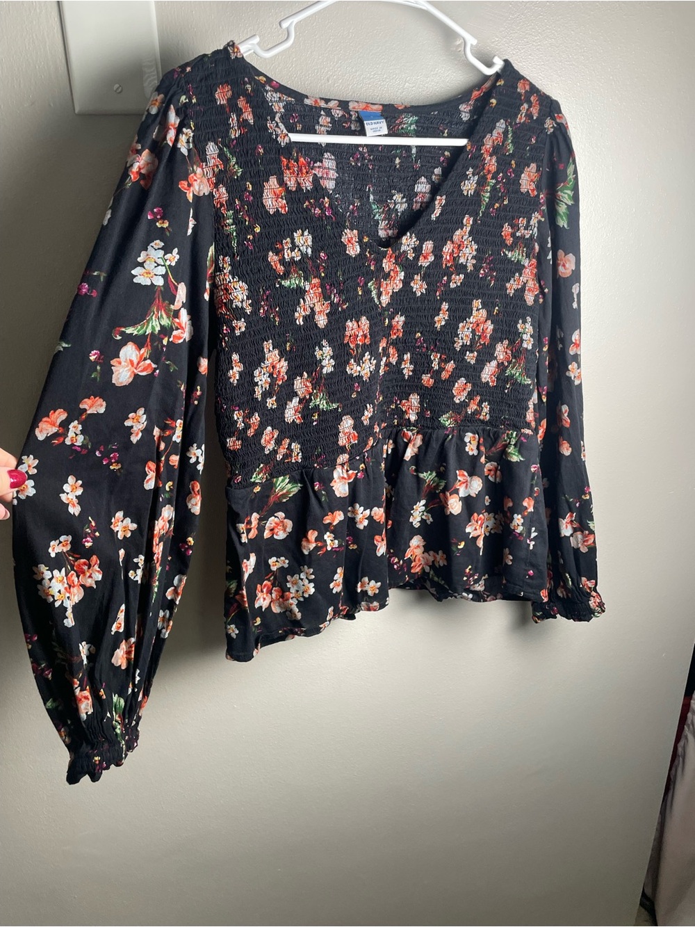 Old Navy Black Floral Smocked Peplum Blouse